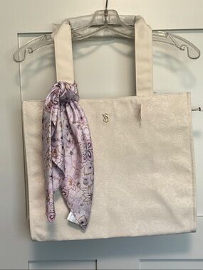 Victoria's Secret Cream Floral Jacquard Tote with Lavender Scarf Accent